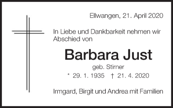Traueranzeige von Barbara Just von Schwäbische Post