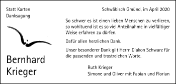 Traueranzeige von Bernhard Krieger von Gmünder Tagespost