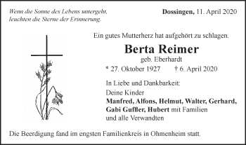 Traueranzeige von Berta Reimer von Schwäbische Post