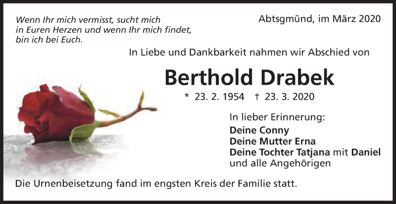  Traueranzeige für Berthold Drabek vom 02.04.2020 aus Schwäbische Post