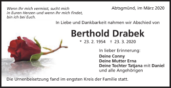 Traueranzeige von Berthold Drabek von Schwäbische Post