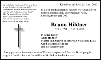 Traueranzeige von Bruno Hildner von Schwäbische Post