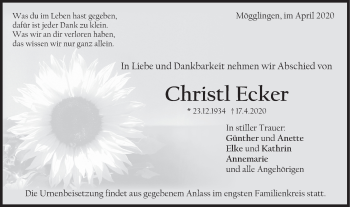 Traueranzeige von Christl Ecker von Gmünder Tagespost