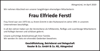 Traueranzeige von Elfriede Ferstl von Schwäbische Post