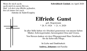 Traueranzeige von Elfriede Gunst von Gmünder Tagespost