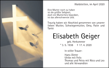 Traueranzeige von Elisabeth Geiger von Gmünder Tagespost