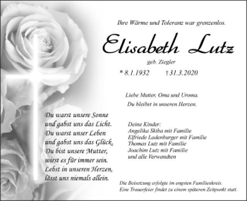 Traueranzeige von Elisabeth Lutz