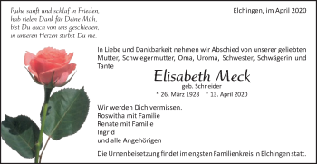 Traueranzeige von Elisabeth Meck von Schwäbische Post