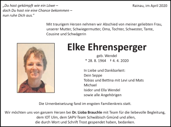 Traueranzeige von Elke Ehrensperger von Schwäbische Post