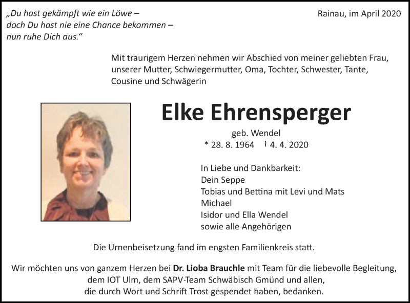  Traueranzeige für Elke Ehrensperger vom 22.04.2020 aus Schwäbische Post