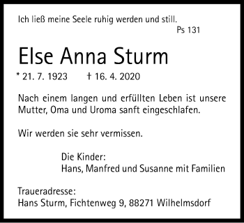 Traueranzeige von Else Anna Sturm von Gmünder Tagespost