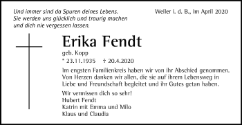 Traueranzeige von Erika Fendt von Gmünder Tagespost