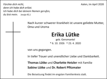 Traueranzeige von Erika Lütke von Schwäbische Post