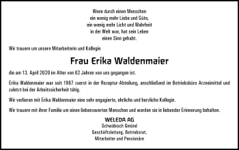 Traueranzeige von Erika Waldenmaier von Gmünder Tagespost