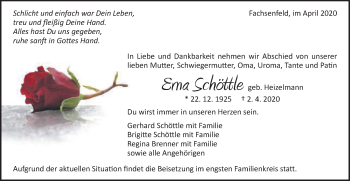 Traueranzeige von Erna Schöttle von Schwäbische Post