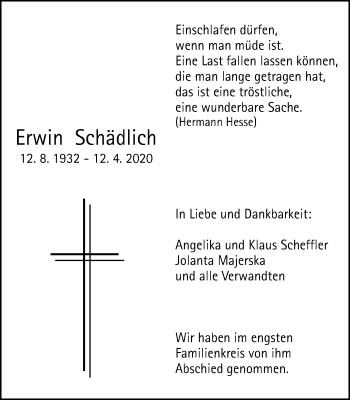 Traueranzeige von Erwin Schädlich