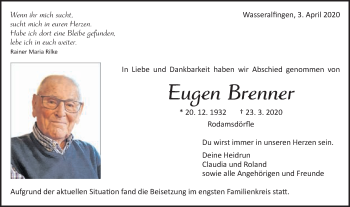 Traueranzeige von Eugen Brenner von Schwäbische Post