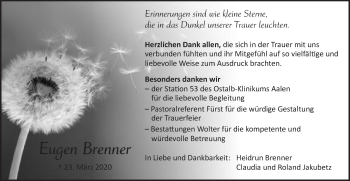 Traueranzeige von Eugen Brenner von Schwäbische Post