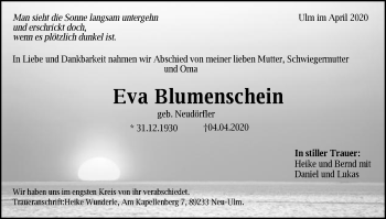 Traueranzeige von Eva Blumenschein von Schwäbische Post