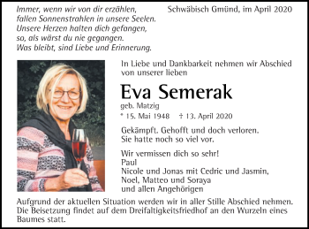 Traueranzeige von Eva Semerak von Gmünder Tagespost