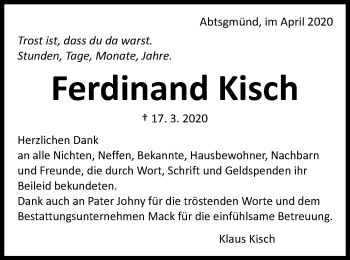 Traueranzeige von Ferdinand Kisch von Schwäbische Post