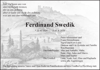 Traueranzeige von Ferdinand Swedik von Schwäbische Post