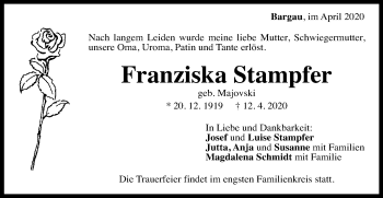 Traueranzeige von Franziska Stampfer von Gmünder Tagespost
