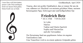 Traueranzeige von Friedrich Betz von Gmünder Tagespost