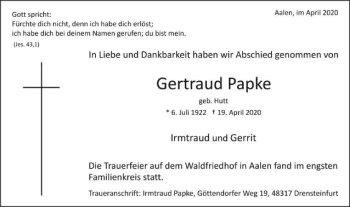 Traueranzeige von Gertraud Papke von Schwäbische Post