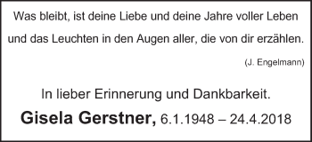 Traueranzeige von Gisela Gerstner von Schwäbische Post