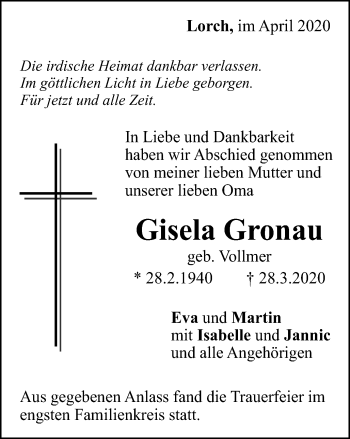 Traueranzeige von Gisela Gronau von Gmünder Tagespost