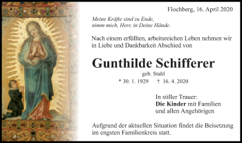 Traueranzeige von Gunthilde Schifferer von Schwäbische Post