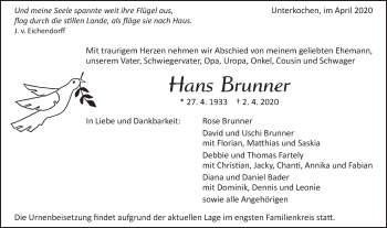 Traueranzeige von Hans Brunner von Schwäbische Post