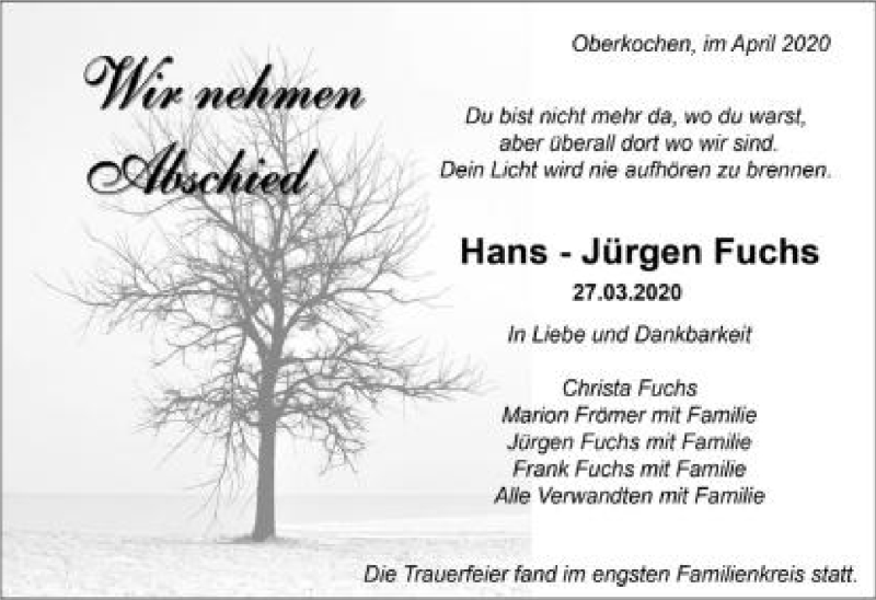  Traueranzeige für Hans-Jürgen Fuchs vom 17.04.2020 aus Amtsblatt_Oko