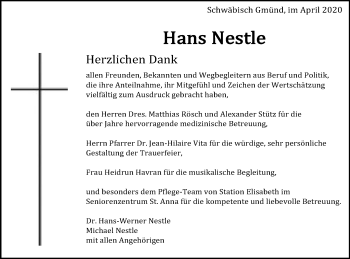 Traueranzeige von Hans Nestle von Gmünder Tagespost