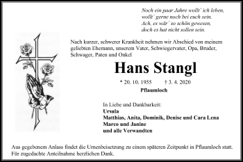 Traueranzeige von Hans Stangl von Schwäbische Post