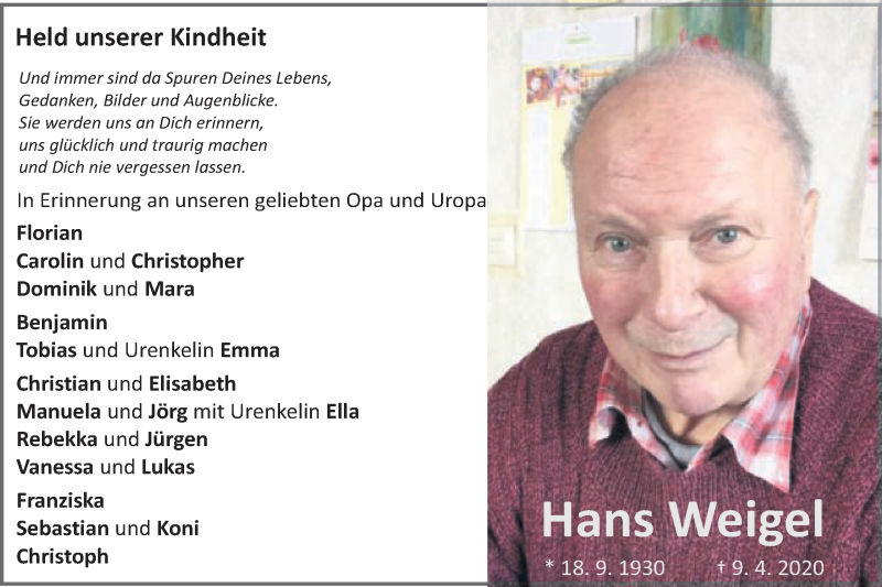  Traueranzeige für Hans Weigel vom 15.04.2020 aus Schwäbische Post
