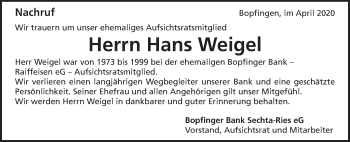 Traueranzeige von Hans Weigel von Schwäbische Post