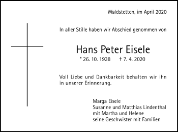 Traueranzeige von Hans Peter Eisele von Gmünder Tagespost