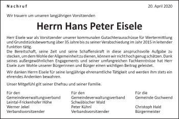 Traueranzeige von Hans Peter Eisele von Gmünder Tagespost