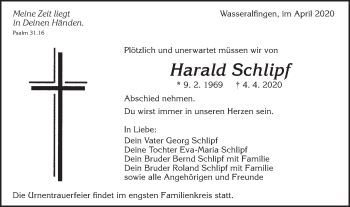 Traueranzeige von Harald Schlipf von Schwäbische Post