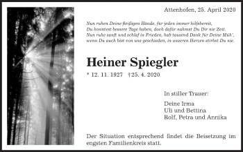 Traueranzeige von Heiner Spiegler von Schwäbische Post