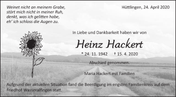 Traueranzeige von Heinz Hackert von Schwäbische Post