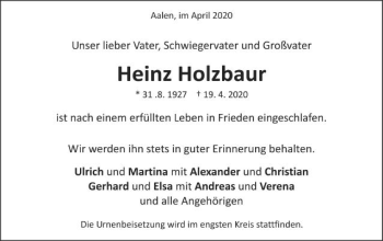 Traueranzeige von Heinz Holzbaur von Schwäbische Post