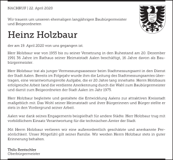 Traueranzeige von Heinz Holzbaur von Schwäbische Post