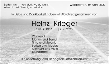 Traueranzeige von Heinz Krieger von Gmünder Tagespost