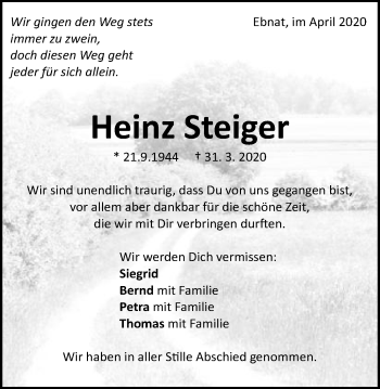 Traueranzeige von Heinz Steiger von Schwäbische Post