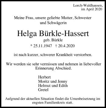 Traueranzeige von Helga Bürkle-Hassert von Gmünder Tagespost