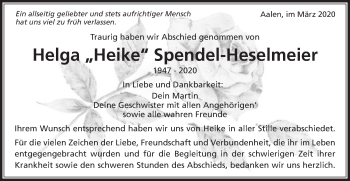 Traueranzeige von Helga Spendel-Heselmeier von Schwäbische Post