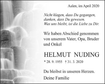Traueranzeige von Helmut Nuding von Schwäbische Post